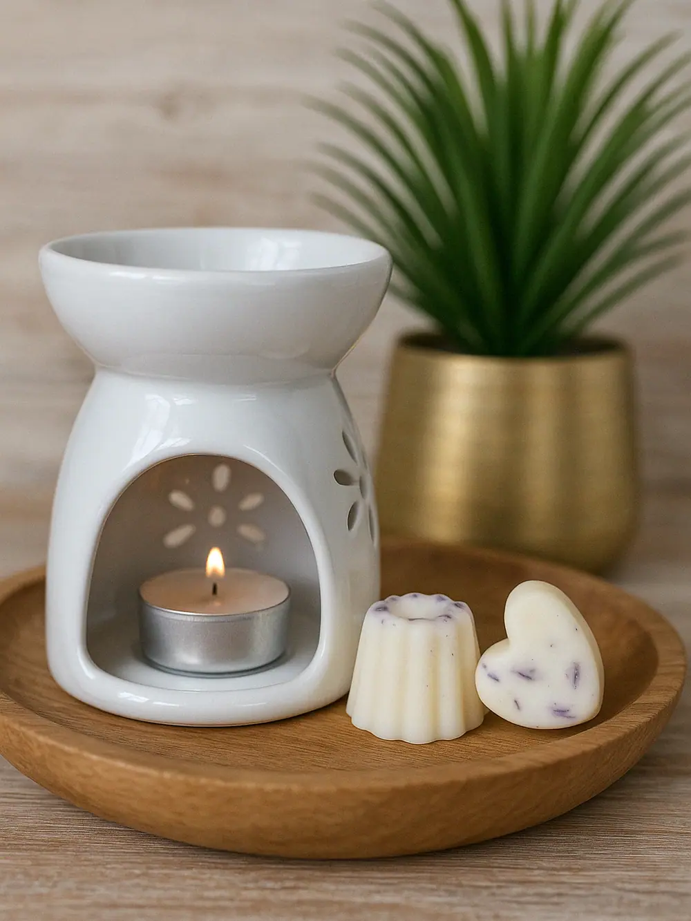 Fondants parfumés artisanaux posés près d’un brûle-parfum blanc