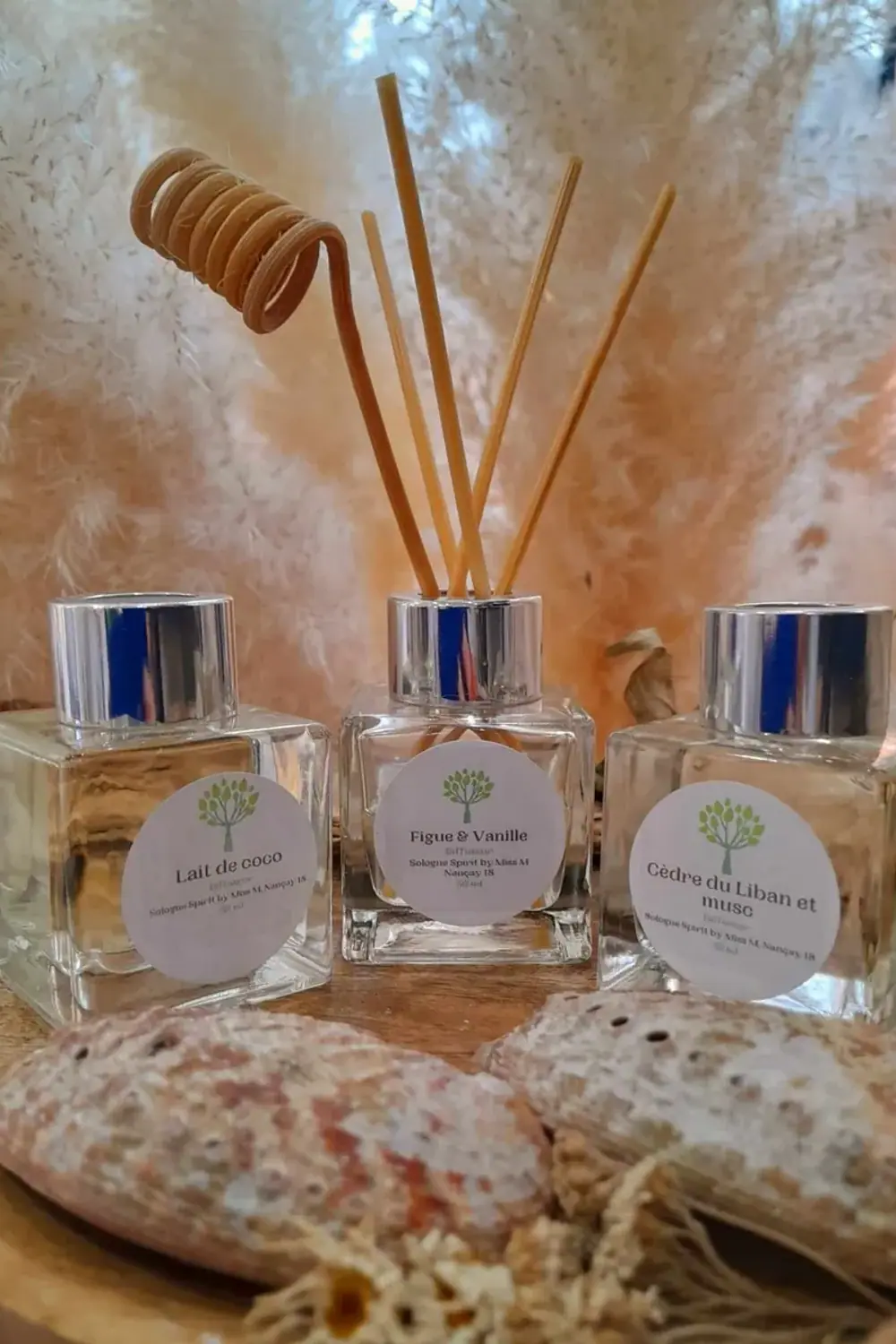 Trois diffuseurs de parfum en flacon de verre avec tiges de rotin