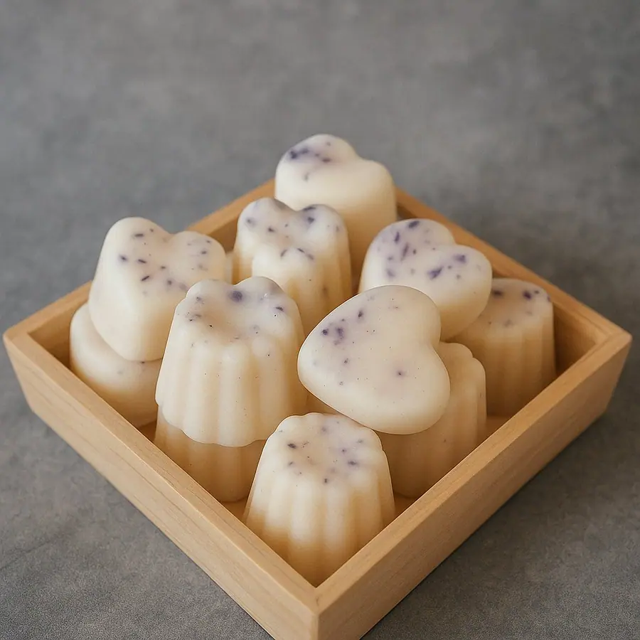 Fondants en cire de colza aux fleurs séchées, en cœur et en cannelé, dans un plateau de bois